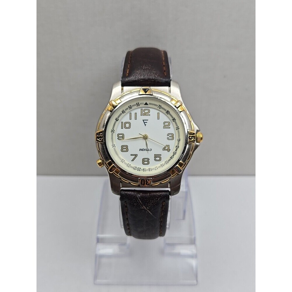 Timex Indiglo Easy Reader Mens Watch Two Tone Rotating Bezel Leather New Battery
